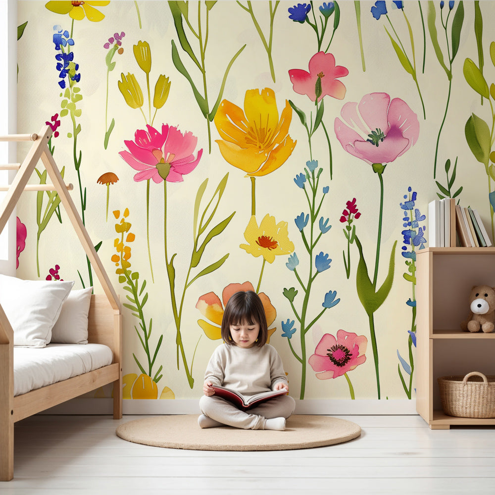 Floral garden mural wallpaper with spring colors in modern nursery room by Kids-Mundo