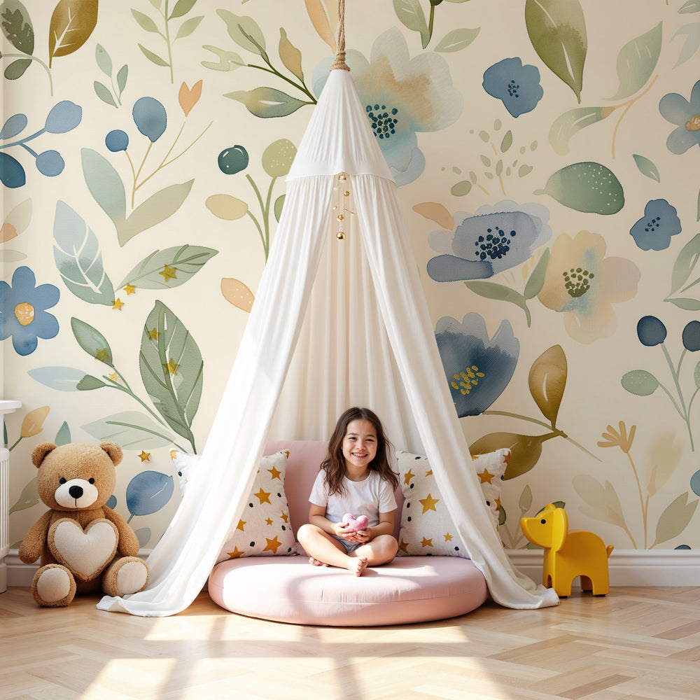 Pastel blue floral garden mural wallpaper in serene nursery setting by Kids-Mundo