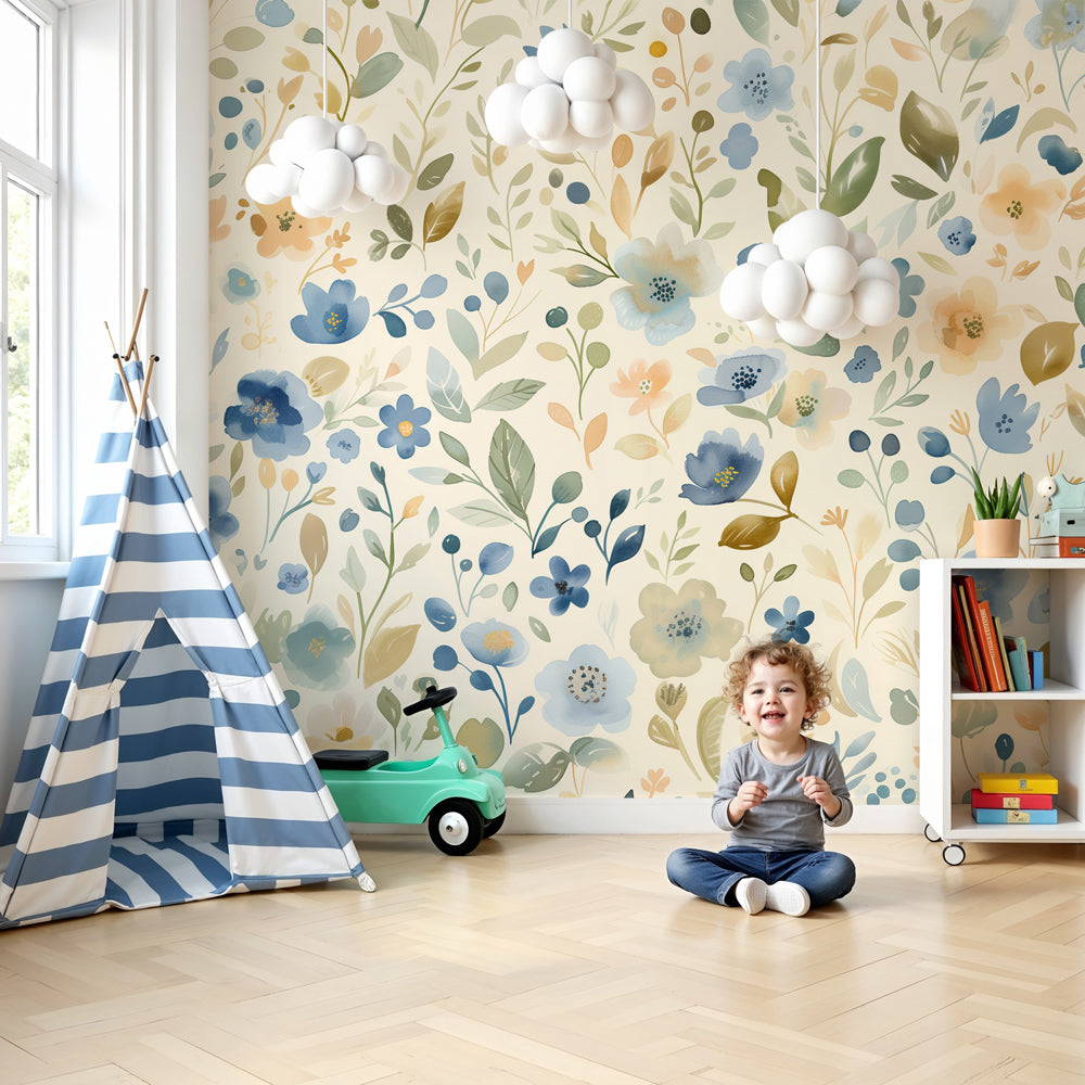 Floral garden mural wallpaper creating peaceful nursery atmosphere with soft pastel botanical design by Kids-Mundo
