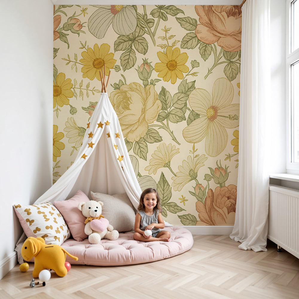 Soft floral mural wallpaper in pastel nursery with cream and pink tones by Kids-Mundo