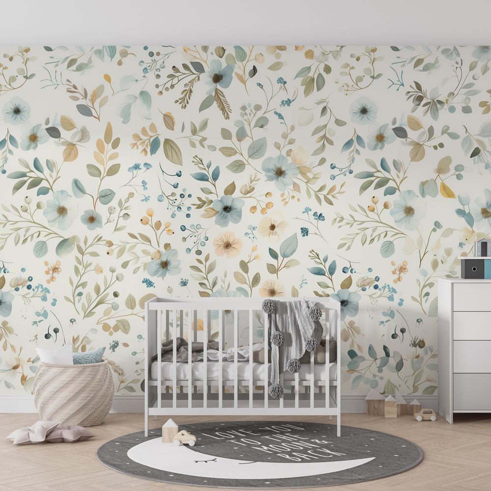 Elegant floral mural wallpaper enhancing serene nursery decor with beige pastel tones