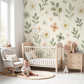 Floral garden mural wallpaper creating peaceful botanical nursery decor with soft pastel blooms by Kids-Mundo