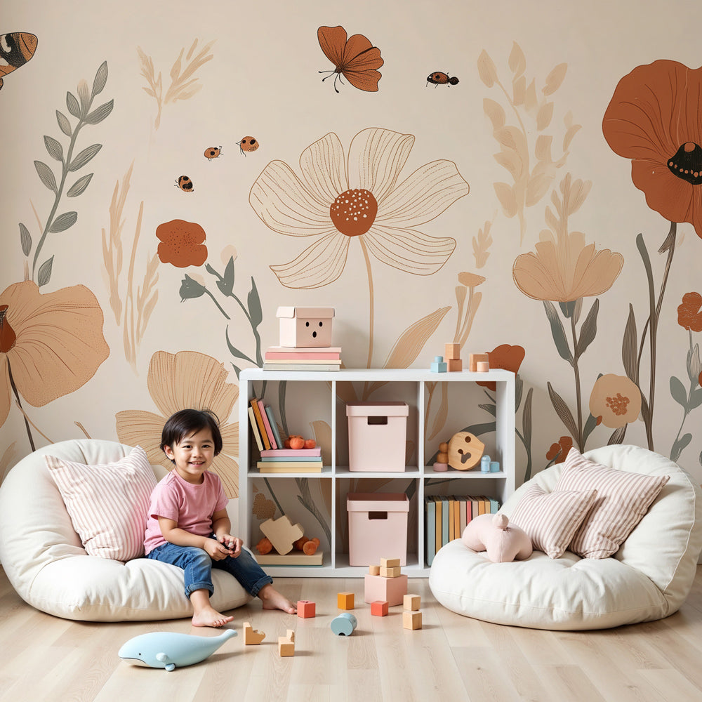 Floral garden mural wallpaper with butterflies and poppies decorating a peaceful nursery by Kids-Mundo