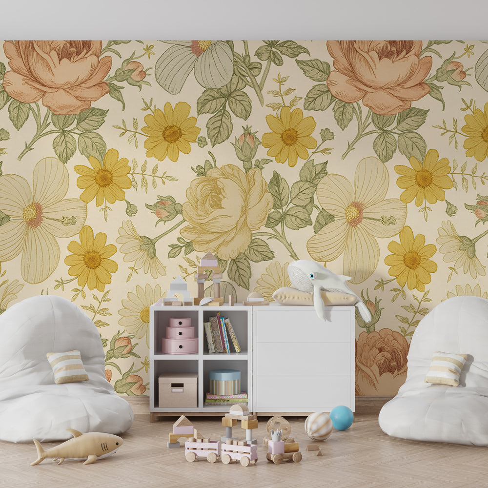 Garden floral mural wallpaper transforming children's playroom into nature sanctuary