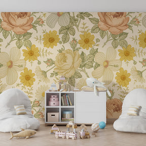 Garden floral mural wallpaper transforming children's playroom into nature sanctuary