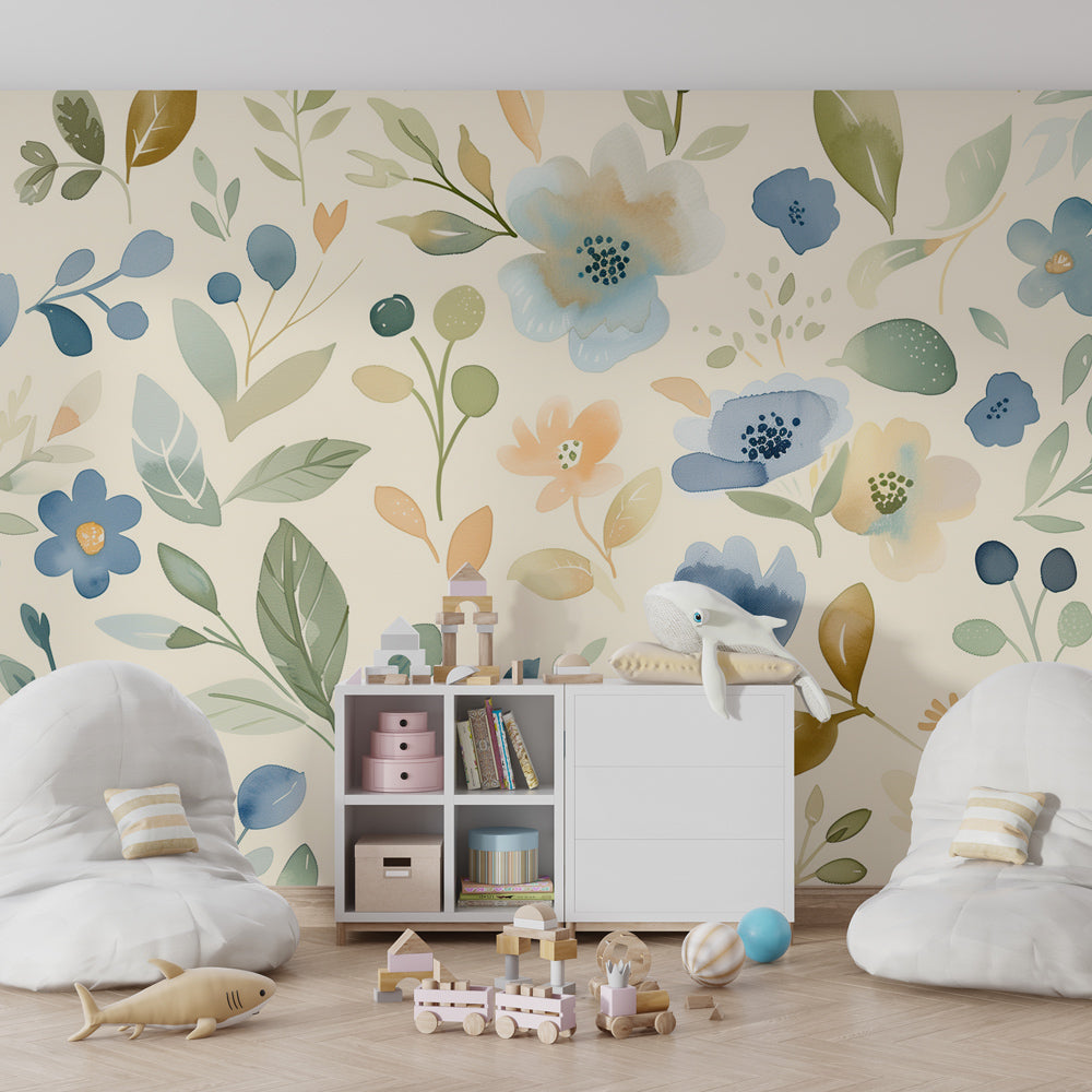 Children's floral garden wallpaper transforming playroom with gentle pastel blooms