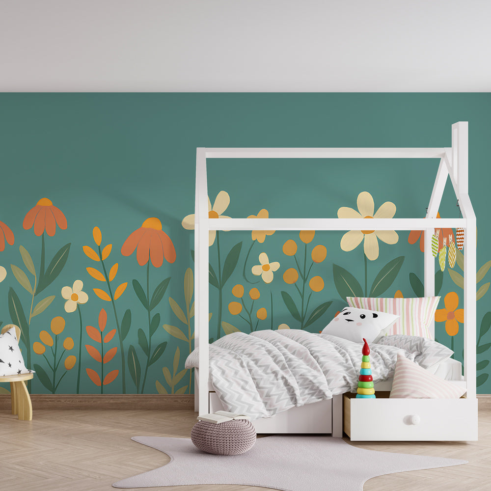 Vibrant flower field wallpaper transforming children's playroom into garden paradise