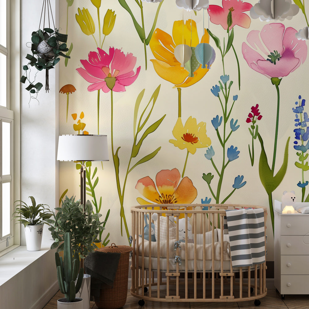Spring flower mural wallpaper transforming kids playroom with vibrant multicolored garden design