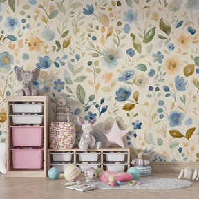 Soft botanical garden wallpaper creating calming children's playroom environment with beige pastel tones