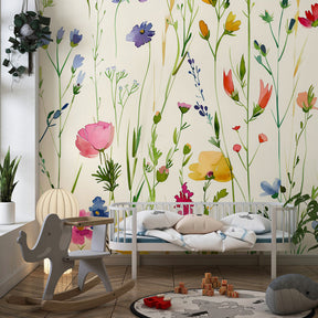 Colorful botanical wallpaper creating inspiring playroom environment with nature motifs by Kids-Mundo