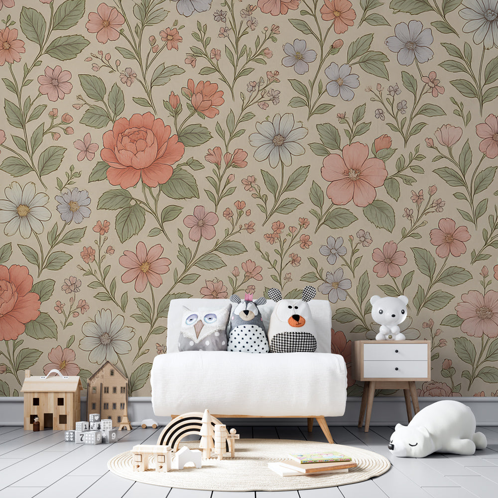 Soft pink and blue floral wallpaper transforming children's playroom decor