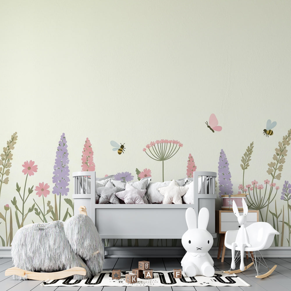 Nature-themed floral mural wallpaper with dragonflies creating inspiring kids playroom by Kids-Mundo