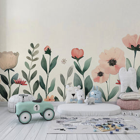 Botanical mural wallpaper for kids room featuring gentle green and pastel flowers