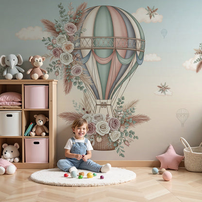 Kids-Mundo floral hot air balloon wall mural styled as made-to-measure wallpaper in a soft baby's nursery.