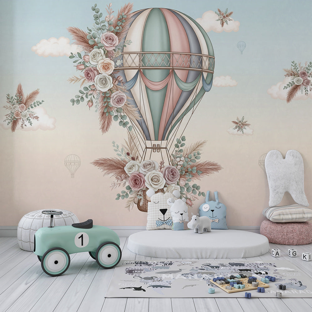 Kids-Mundo floral hot air balloon wall mural in a playroom, made-to-measure wallpaper in dusty pink and sage tones.