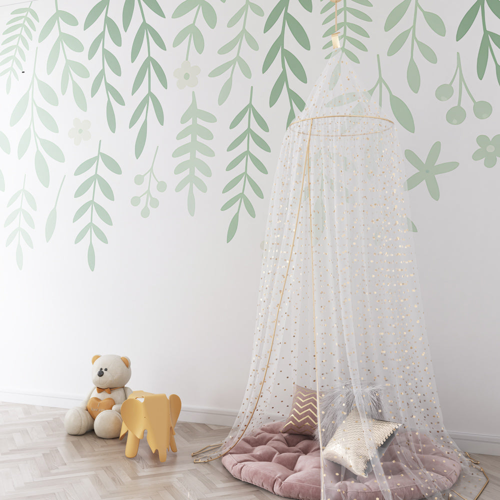Botanical floral leaves wallpaper in modern children's bedroom with natural lighting
