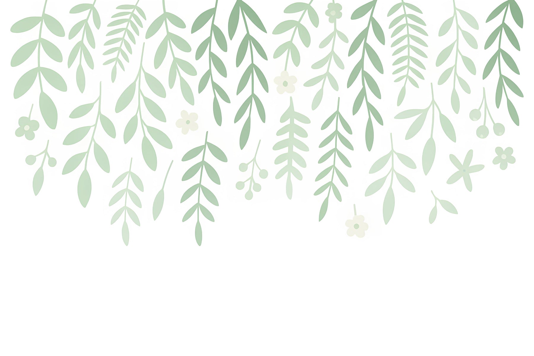 Detailed hanging floral leaves mural wallpaper design pattern with soft green tones by Kids-Mundo