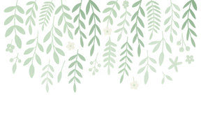 Detailed hanging floral leaves mural wallpaper design pattern with soft green tones by Kids-Mundo