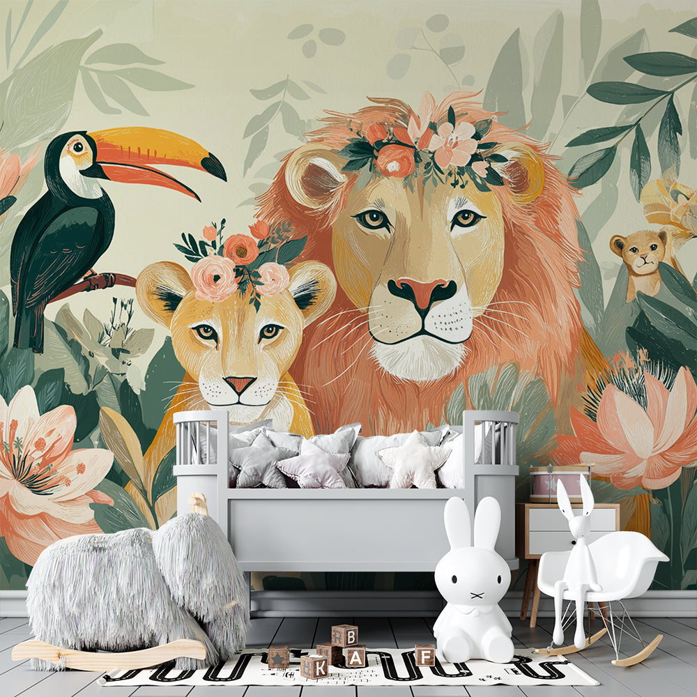 Kids-Mundo floral lion family wall mural covering a feature wall in a kids bedroom.