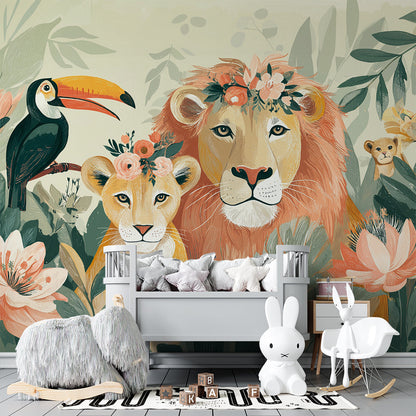 Kids-Mundo floral lion family wall mural covering a feature wall in a kids bedroom.