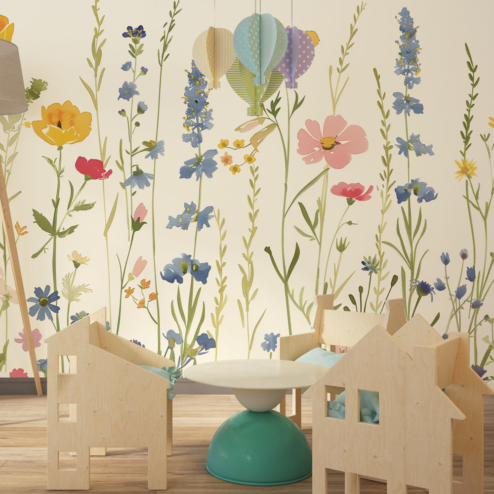 Floral meadow wallpaper creating peaceful kids bedroom with pastel flowers and nature theme