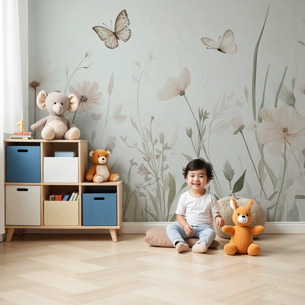 Floral meadow mural wallpaper with butterflies in modern baby nursery by Kids-Mundo