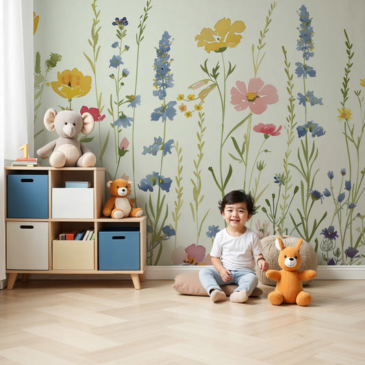 Pastel floral meadow mural wallpaper in modern nursery with soft botanical design by Kids-Mundo