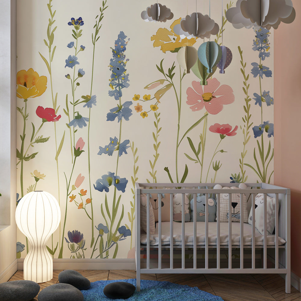 Botanical meadow mural wallpaper in children's playroom showcasing soft pastel floral design