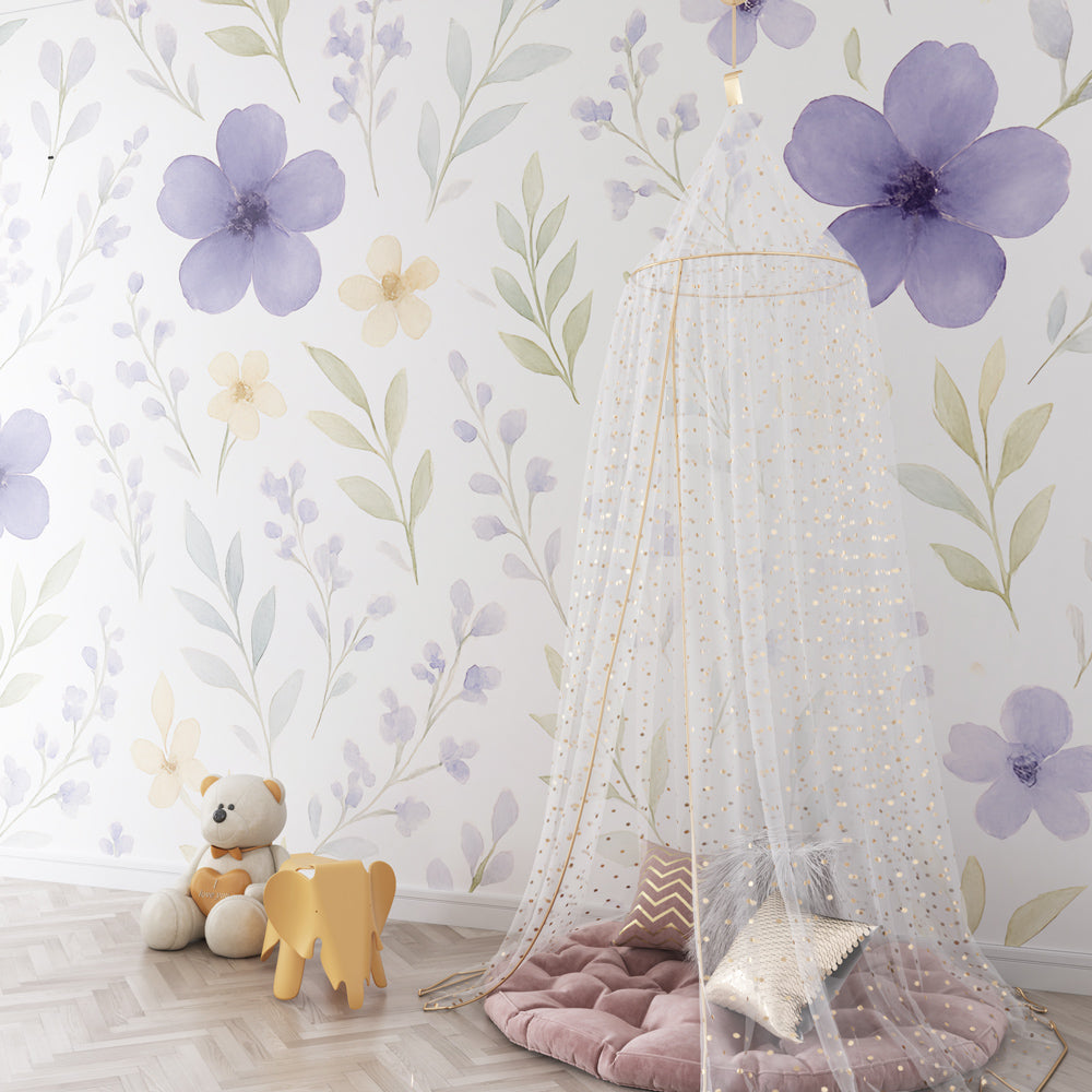 Delicate purple and yellow flower wallpaper in modern children's bedroom setting by Kids-Mundo