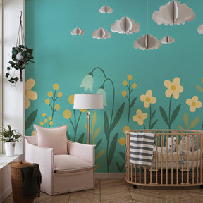 Garden blooms wallpaper creating peaceful children's bedroom with turquoise and yellow flowers