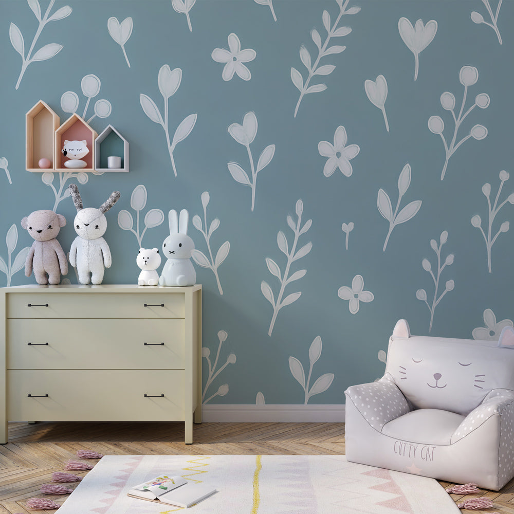 Blue floral wallpaper transforming children's bedroom with soft botanical patterns and calming colors