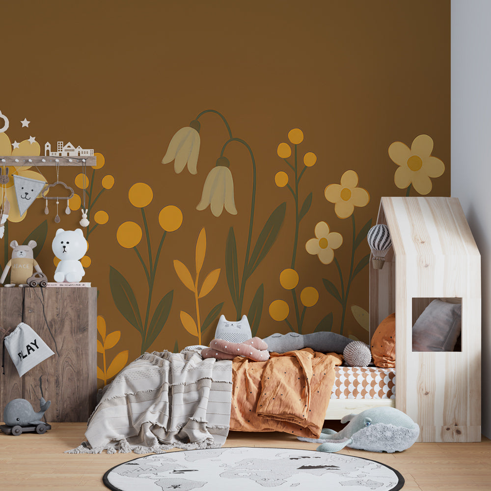 Nature-inspired floral wallpaper transforming children's bedroom with botanical charm