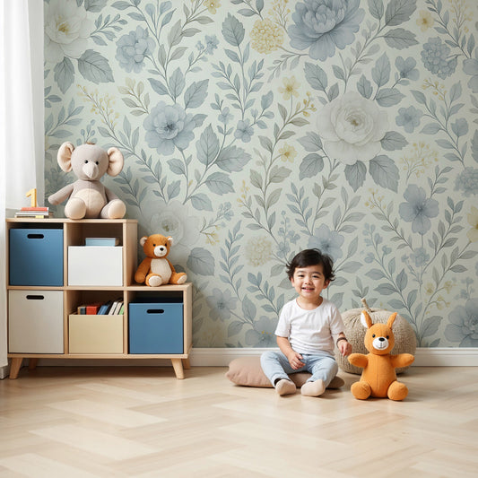Delicate blue and cream floral mural wallpaper in elegant nursery by Kids-Mundo