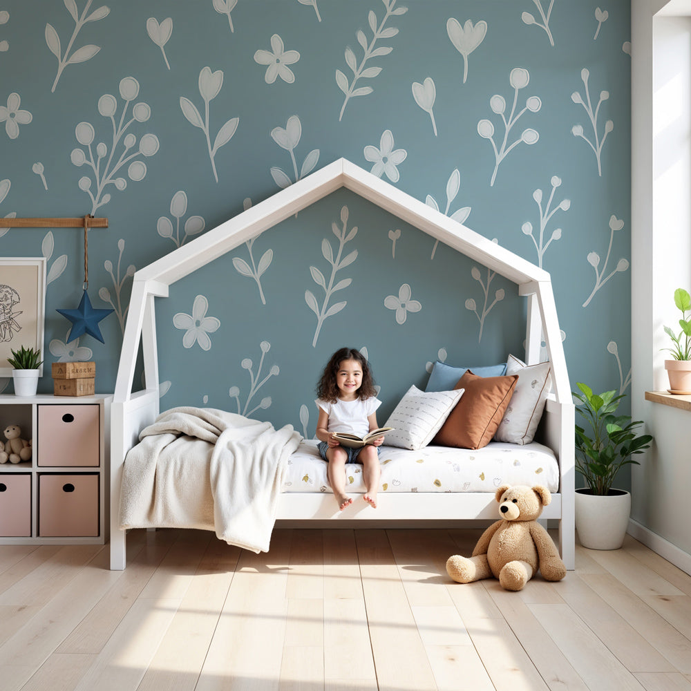 Delicate floral mural wallpaper creating peaceful nursery atmosphere with blue botanical design by Kids-Mundo