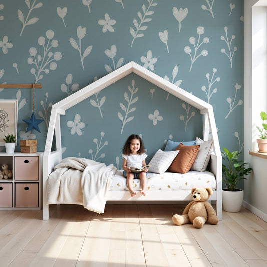 Delicate floral mural wallpaper creating peaceful nursery atmosphere with blue botanical design by Kids-Mundo