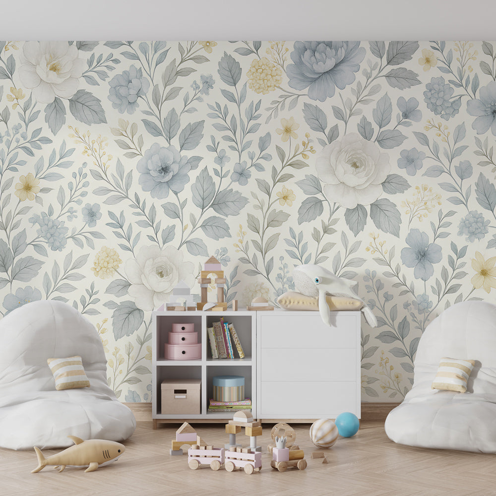 Blue cream flower mural wallpaper transforming kids room into garden sanctuary