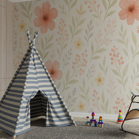 Soft botanical mural wallpaper transforming kids room into magical garden sanctuary