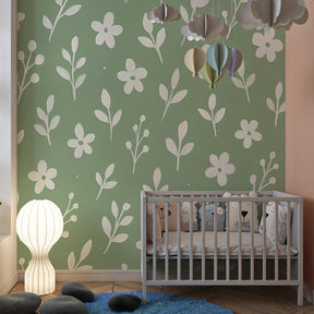 Garden-themed floral wallpaper transforming kids bedroom with botanical white flower design