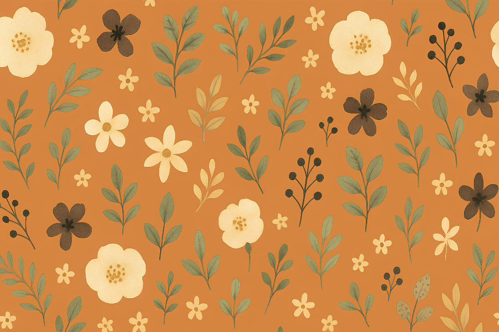 Detailed orange floral mural wallpaper design pattern with botanical motifs by Kids-Mundo