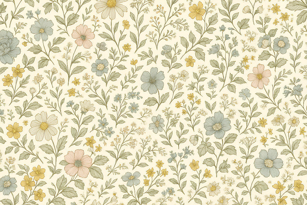Detailed delicate floral mural wallpaper design pattern showing botanical motifs in beige and green by Kids-Mundo