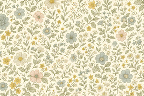 Detailed delicate floral mural wallpaper design pattern showing botanical motifs in beige and green by Kids-Mundo