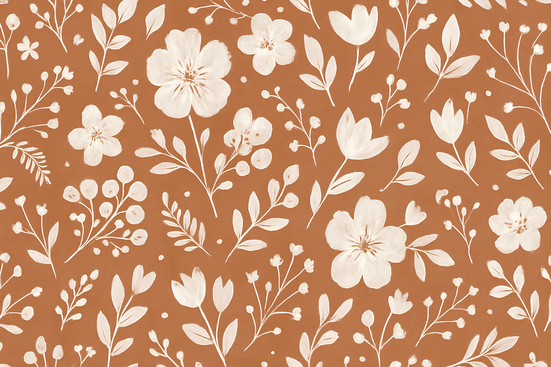Detailed terracotta floral mural wallpaper design pattern with delicate white flowers by Kids-Mundo
