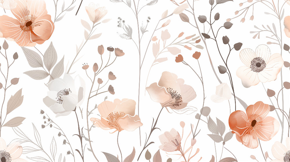 Detailed delicate floral mural wallpaper design pattern in soft beige pastels by Kids-Mundo