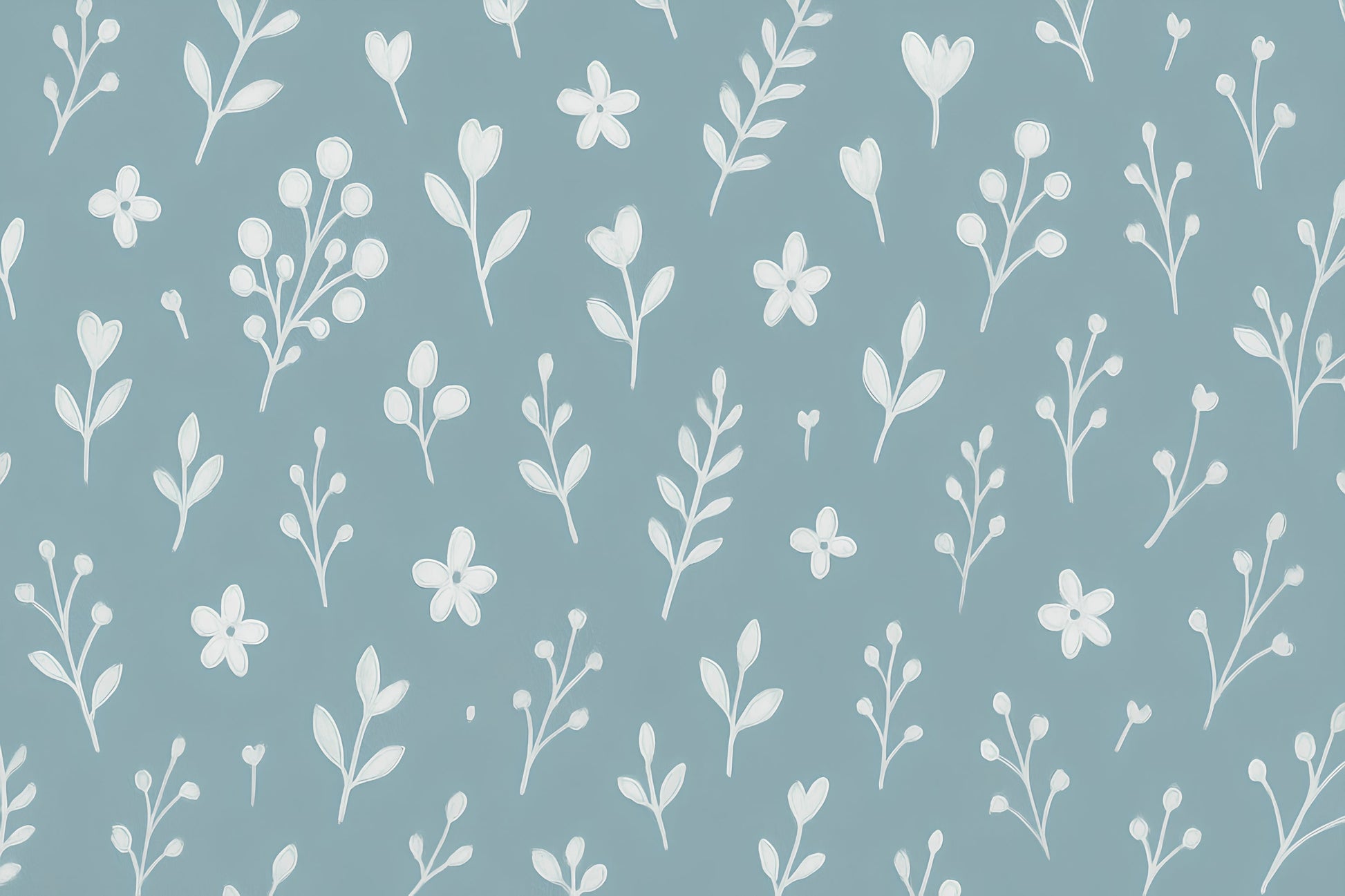 Detailed floral mural wallpaper design pattern showing delicate flowers and branches on blue background by Kids-Mundo