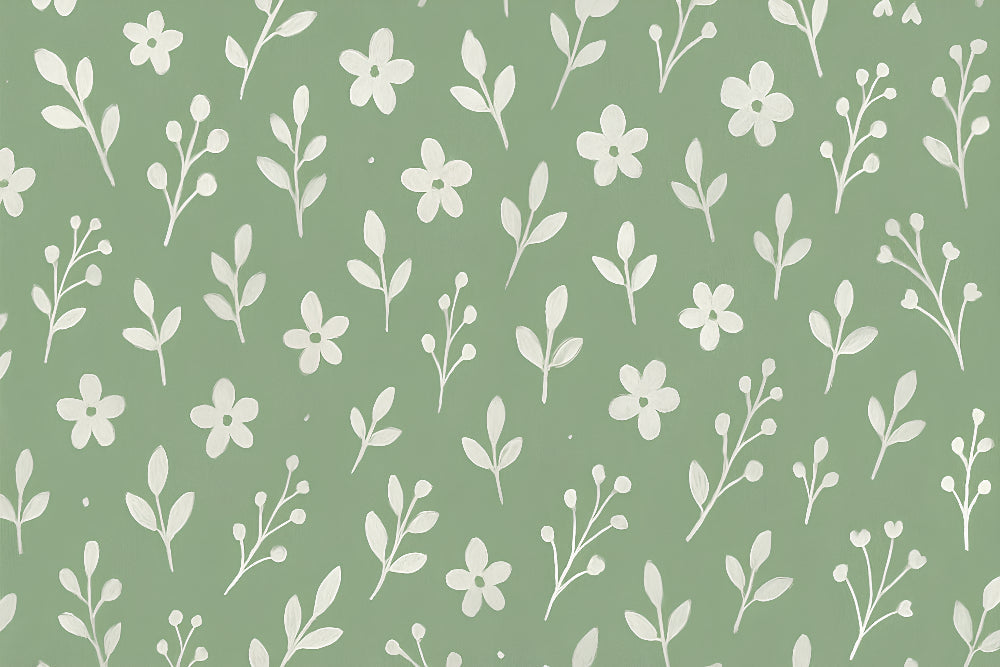Detailed white flowers and green foliage mural wallpaper design pattern by Kids-Mundo