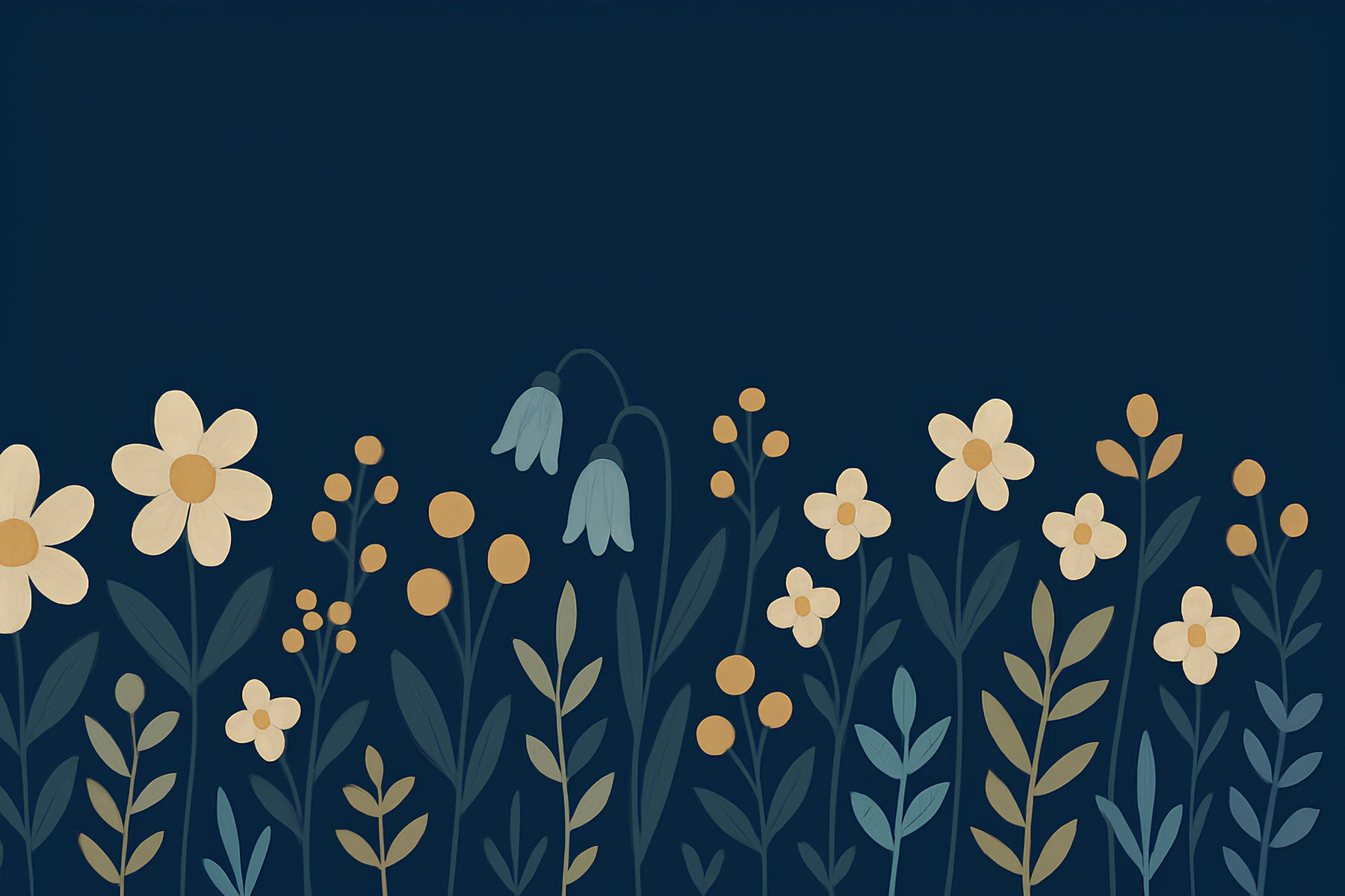 Detailed soft floral mural wallpaper design pattern with midnight blue background by Kids-Mundo