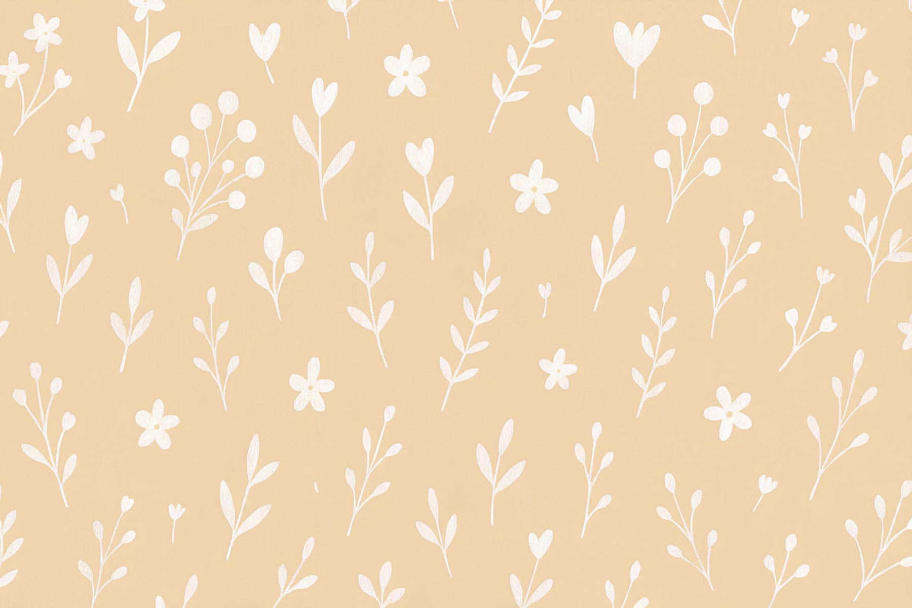 Detailed white botanical floral mural wallpaper design pattern on beige background by Kids-Mundo