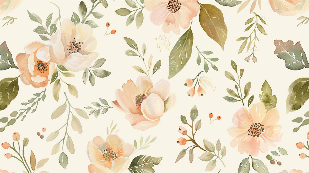 Detailed beige floral botanical mural wallpaper design pattern by Kids-Mundo