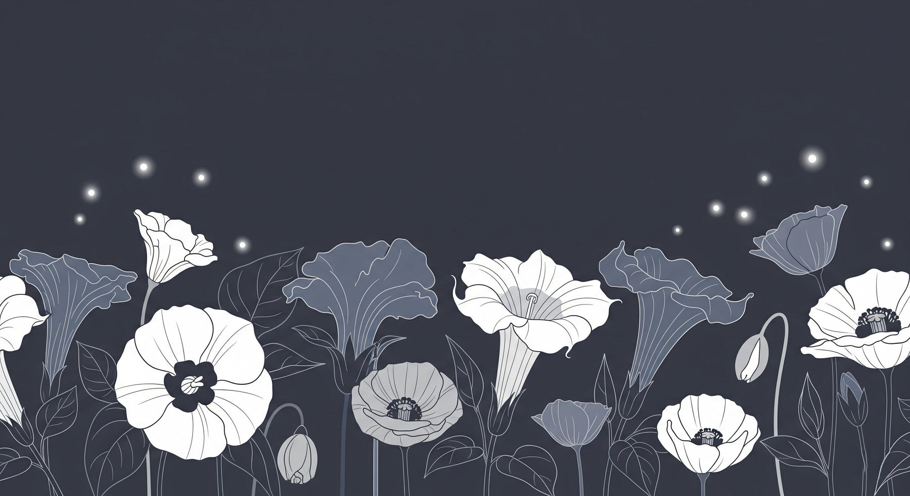 Detailed white flowers on dark background floral mural wallpaper design pattern by Kids-Mundo