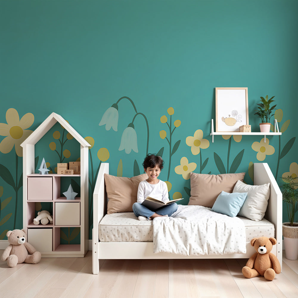 Colorful floral mural wallpaper with yellow flowers in modern kids nursery by Kids-Mundo